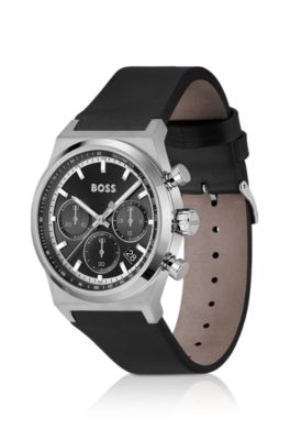 Silver-tone chronograph watch with black leather strap, Black