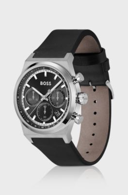 Silver-tone chronograph watch with black leather strap, Black