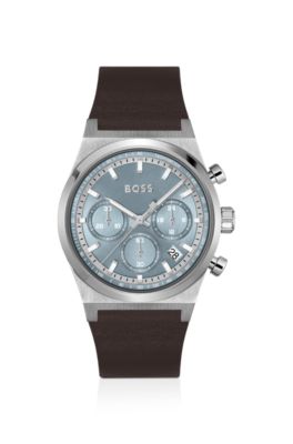 Silver-tone chronograph watch with brown leather strap, Brown