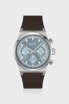 Silver-tone chronograph watch with brown leather strap, Brown