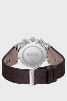 Silver-tone chronograph watch with brown leather strap, Brown