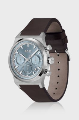Silver-tone chronograph watch with brown leather strap, Brown