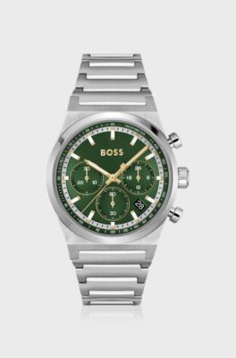 Green-dial chronograph watch in silver-tone steel, Silver tone