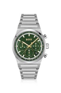 Chronograaf horloge met groene wijzerplaat in zilverkleurig staal, Zilverkleurig