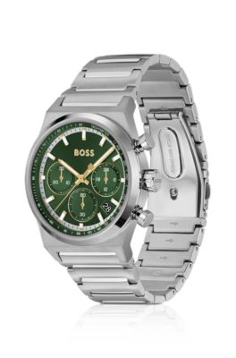 Green-dial chronograph watch in silver-tone steel, Silver tone