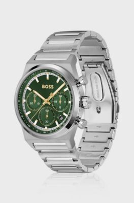 Green-dial chronograph watch in silver-tone steel, Silver tone