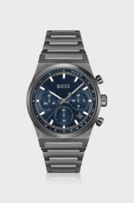 Montre chronographe en acier plaqu&eacute; gris &agrave; cadran bleu, Gris