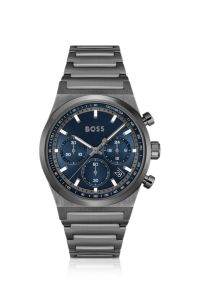 Grijs vernist chronograaf horloge met blauwe wijzerplaat, Grijs