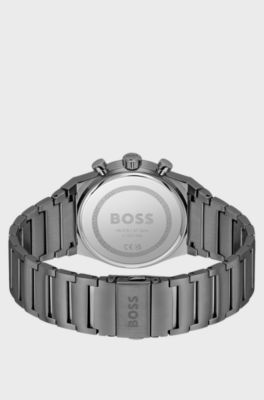 Montre chronographe en acier plaqu&eacute; gris &agrave; cadran bleu, Gris