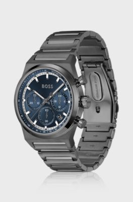 Montre chronographe en acier plaqu&eacute; gris &agrave; cadran bleu, Gris