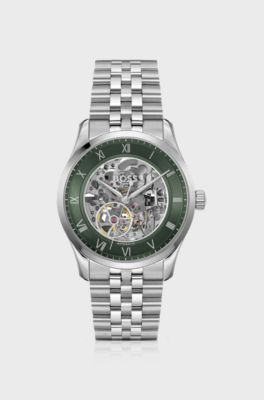 Principle Stainless-steel automatic watch with skeleton dial, Silver tone