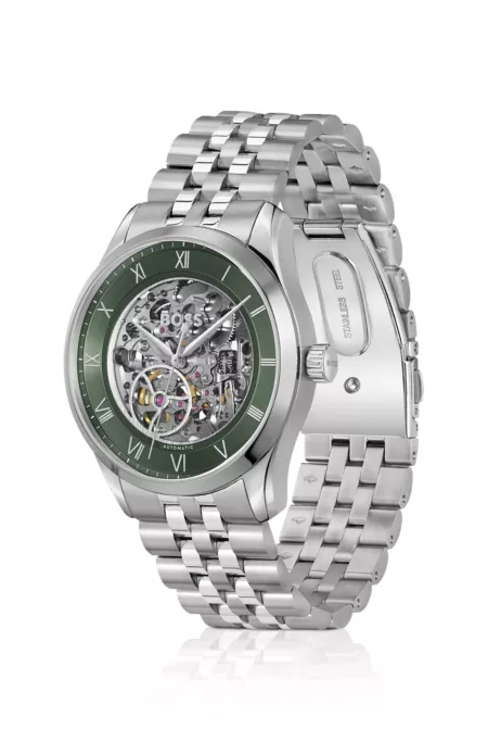 Stainless-steel automatic watch with skeleton dial