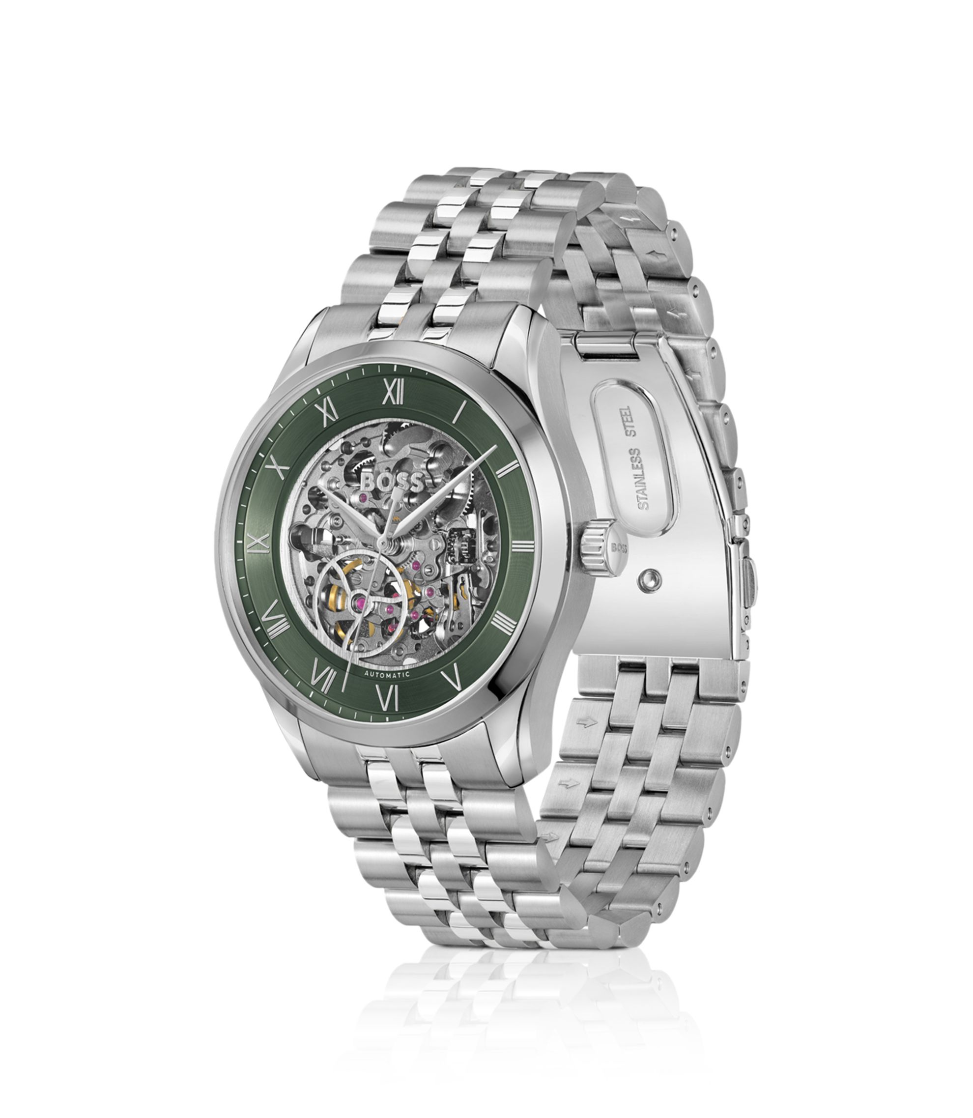 自動巻き時計 スケルトンダイヤル シルバー Automatic 自動巻き スケルトン レディース 腕時計 金属ベルト ピンク