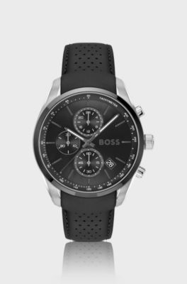 Black-dial chronograph watch with leather strap, Black
