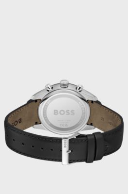 Black-dial chronograph watch with leather strap, Black
