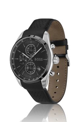Black-dial chronograph watch with leather strap, Black