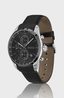Black-dial chronograph watch with leather strap, Black