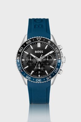 Black-dial chronograph watch with blue silicone strap, Blue