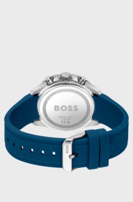 Black-dial chronograph watch with blue silicone strap, Blue