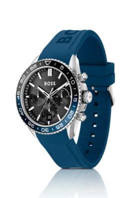 Black-dial chronograph watch with blue silicone strap, Blue