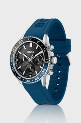 Black-dial chronograph watch with blue silicone strap, Blue