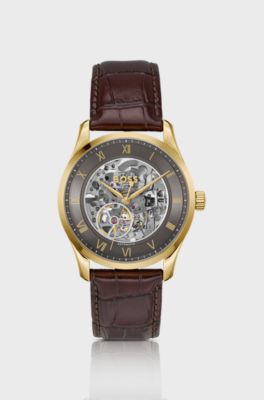 PRINCIPLE SKELETON Goudkleurig automatisch horloge met open wijzerplaat, Bruin