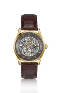PRINCIPLE SKELETON Goudkleurig automatisch horloge met open wijzerplaat, Bruin