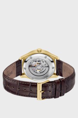 PRINCIPLE SKELETON Goudkleurig automatisch horloge met open wijzerplaat, Bruin