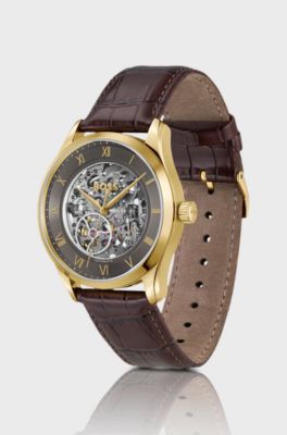 PRINCIPLE SKELETON Goudkleurig automatisch horloge met open wijzerplaat, Bruin