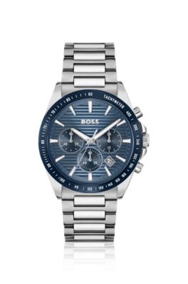 Link-bracelet chronograph watch with blue textured dial, Assorted-Pre-Pack