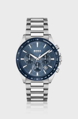 Link-bracelet chronograph watch with blue textured dial, Assorted-Pre-Pack