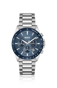 Link-bracelet chronograph watch with blue textured dial, Assorted-Pre-Pack