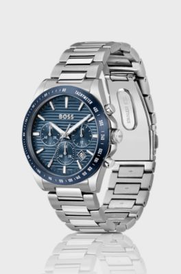 Link-bracelet chronograph watch with blue textured dial, Assorted-Pre-Pack