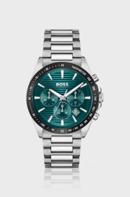 Link-bracelet chronograph watch with green grooved dial, Silver tone