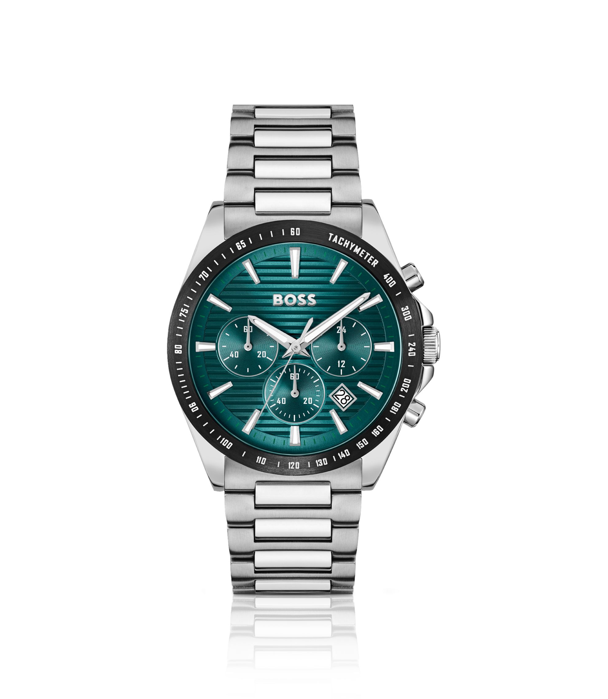 BOSS - Link-bracelet chronograph watch with green grooved dial
