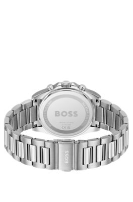 Link-bracelet chronograph watch with green grooved dial, Silver tone