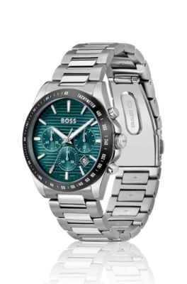 Link-bracelet chronograph watch with green grooved dial, Silver tone