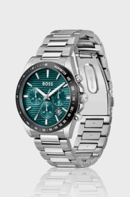 Link-bracelet chronograph watch with green grooved dial, Silver tone