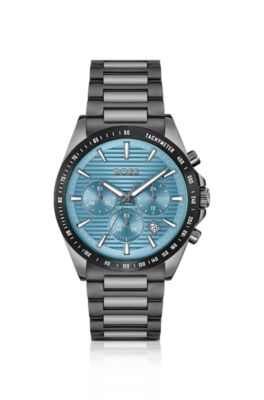 Grey-plated chronograph watch with blue ridged dial, Grey