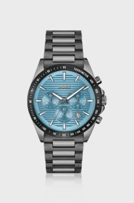 Montre chronographe en acier plaqu&eacute; gris &agrave; cadran bleu rainur&eacute;, Gris