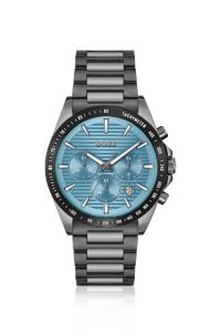 Grijs vernist chronograaf horloge met blauw geribbelde wijzerplaat, Grijs