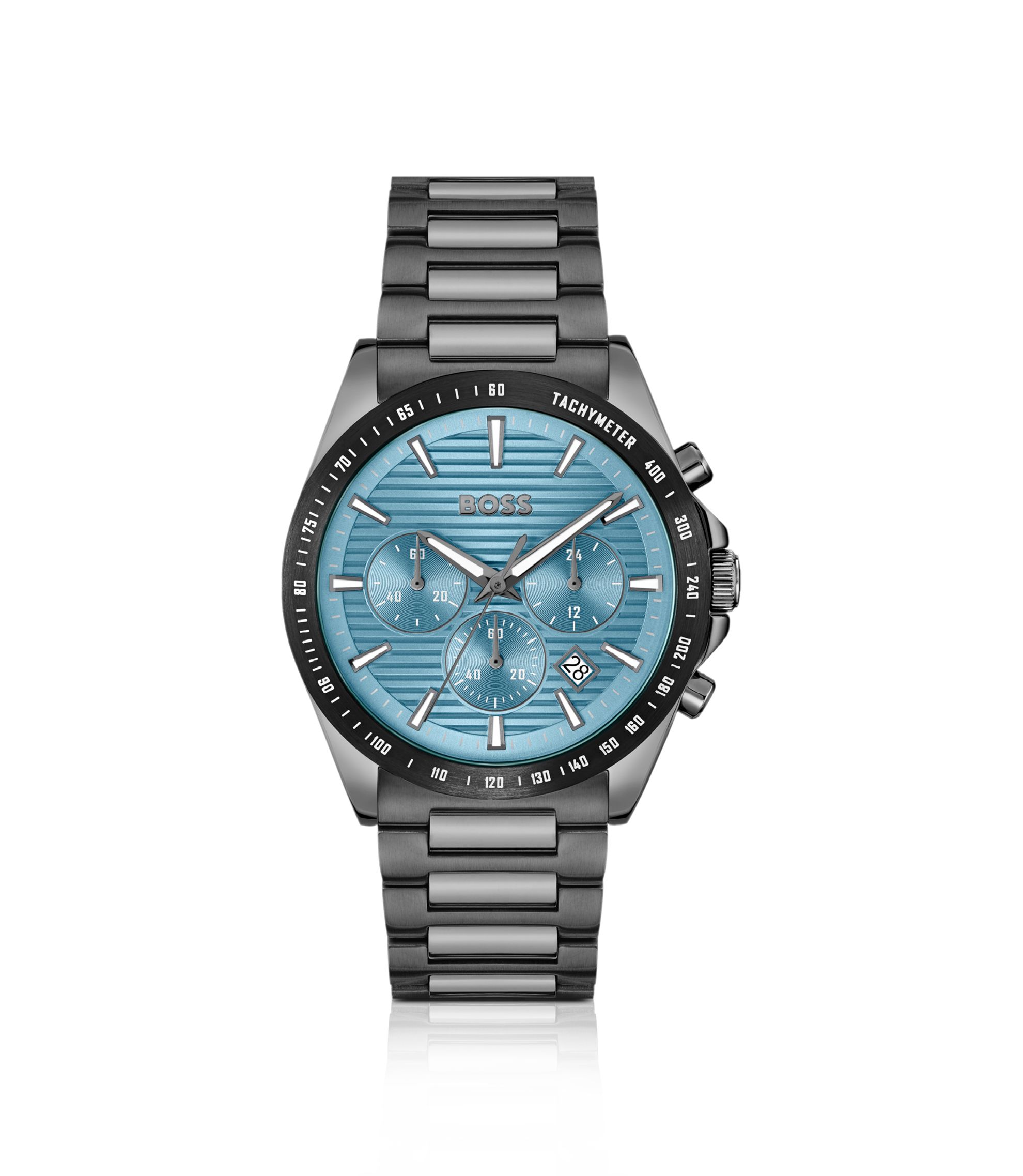Grau beschichteter Chronograph mit blauem, gerilltem Zifferblatt