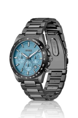 Grey-plated chronograph watch with blue ridged dial, Grey