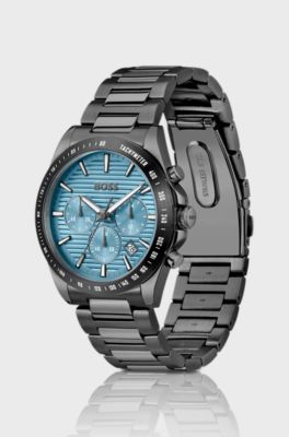 Grey-plated chronograph watch with blue ridged dial, Grey