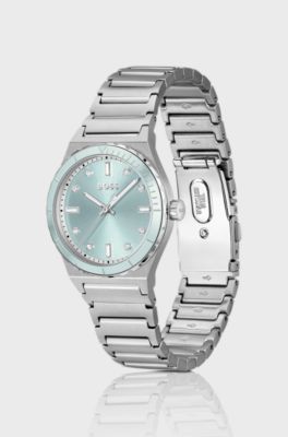 Silver-tone watch with blue dial, Silver tone