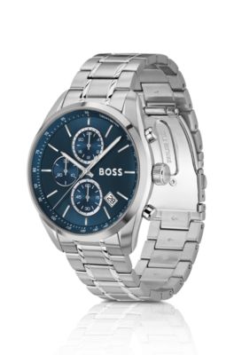 GRAND PRIX 44 Silver-tone chronograph watch with blue dial, Silver tone