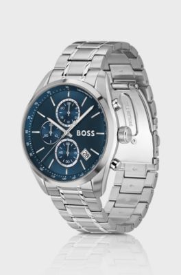 GRAND PRIX 44 Silver-tone chronograph watch with blue dial, Silver tone