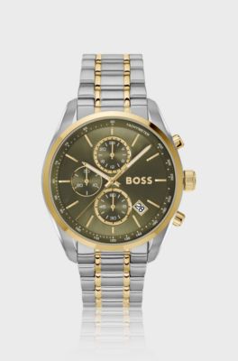 Two-tone chronograph watch with olive dial, Silver tone