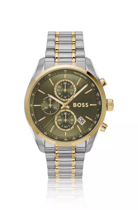 Two-tone chronograph watch with olive dial