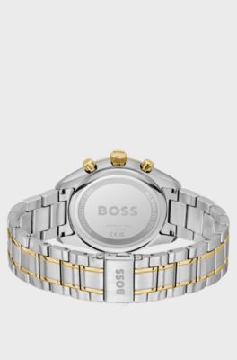 Two-tone chronograph watch with olive dial, Silver tone